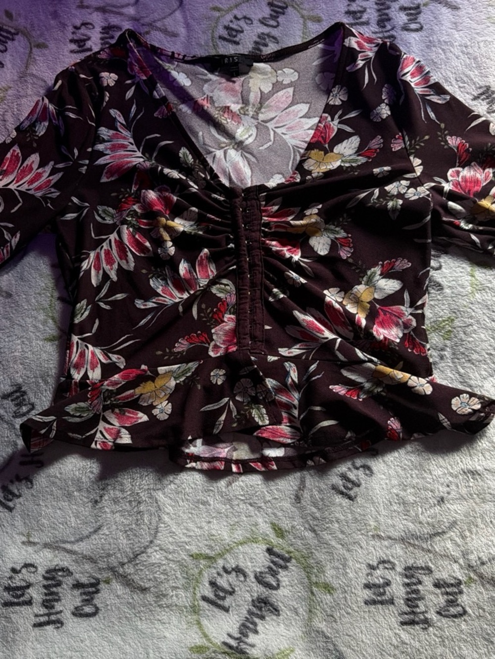 Women's Floral Peplum Top - Brown with Pink & Cream Floral